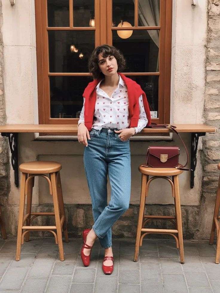 This Parisian-inspired spring look is commonly referred to as French Girl Chic. [20, 25] A crisp, white button-down shirt featuring a playful all-over red heart embroidery. High-waisted, straight-leg jeans in a classic blue wash, providing a structured yet effortless silhouette. Coordinated red accents through patent leather Mary Jane flats and a matching sweater draped over the shoulders.