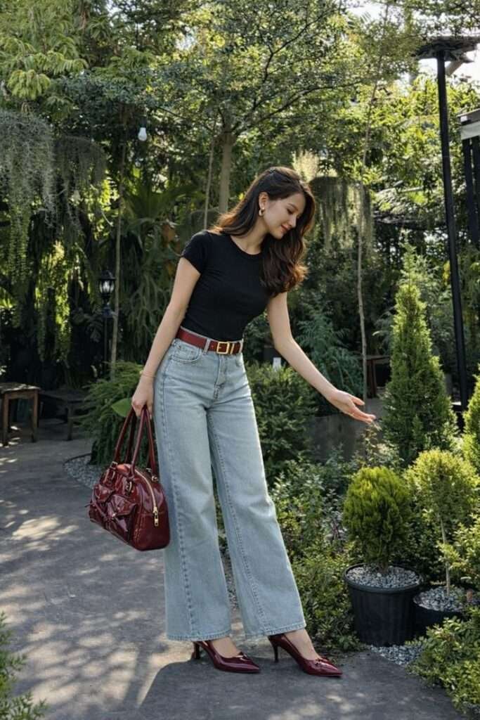 To help you master this refined spring aesthetic, we would classify this look as "Modern Retro-Chic." It’s a sophisticated blend of 90s minimalism—seen in the clean lines of the fitted top—paired with the more dramatic, vintage-inspired silhouette of wide-leg denim. We love how this outfit balances structured tailoring with a relaxed, airy vibe that is perfect for transitional spring weather.