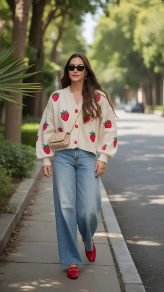 The look is part of a broader social media trend popularized by figures like Hailey Bieber, which focuses on fresh, youthful, and fruit-inspired motifs. Because it blends cozy, hand-knitted items with a whimsical, nature-focused vibe, it is also categorized under