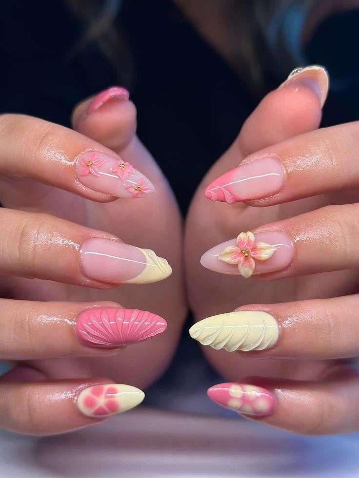 This vibrant nail art style is most commonly referred to as 3D Tropical Shell and Floral nails. The specific design featured in your image is often titled "Summer Wonder" by some nail artists and retailers. 3D Seashells: Textured, raised ridges that mimic the look of real shells, often accented with pearls. Tropical Florals: Hand-painted or 3D flowers, typically hibiscus or other island-inspired blooms in bright pinks, oranges, and yellows. Aura & Gradients: Soft, blended color backgrounds that create a "sunset" or "tropical" glow. Oceanic Accents: Small details like starfish, gold studs, and water droplets (using clear builder gel).