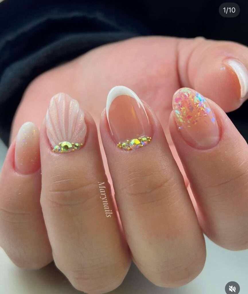This vibrant nail art style is most commonly referred to as 3D Tropical Shell and Floral nails. The specific design featured in your image is often titled "Summer Wonder" by some nail artists and retailers. 3D Seashells: Textured, raised ridges that mimic the look of real shells, often accented with pearls. Tropical Florals: Hand-painted or 3D flowers, typically hibiscus or other island-inspired blooms in bright pinks, oranges, and yellows. Aura & Gradients: Soft, blended color backgrounds that create a "sunset" or "tropical" glow. Oceanic Accents: Small details like starfish, gold studs, and water droplets (using clear builder gel).