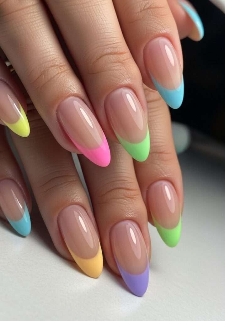 This vibrant and playful look is most commonly referred to as Pastel Rainbow French Tip nails with Floral Accents. n the 2026 nail scene, this specific aesthetic is also called "Skittle French" or "Cottagecore French" because it mixes different colors on each finger with dainty, nature-inspired details.
