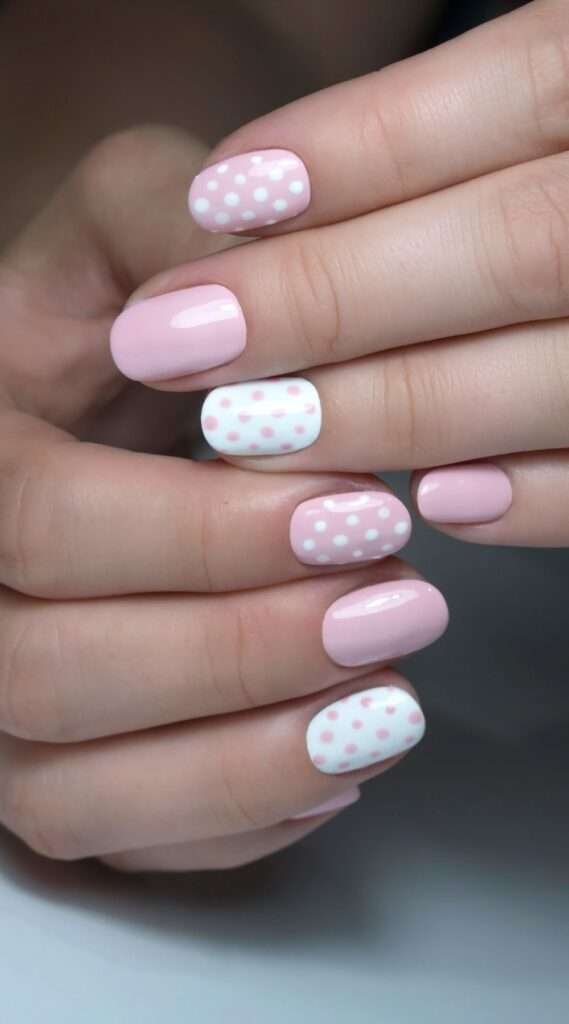 This chic, minimalist look is most commonly referred to as Cherry Polka Dot nails or Minimalist Red-on-Pink dots. In the 2026 nail scene, this specific aesthetic is also a staple of the "Clean Girl" or "Coquette-lite" trends, which emphasize simple, polished patterns on a healthy-looking natural base.
