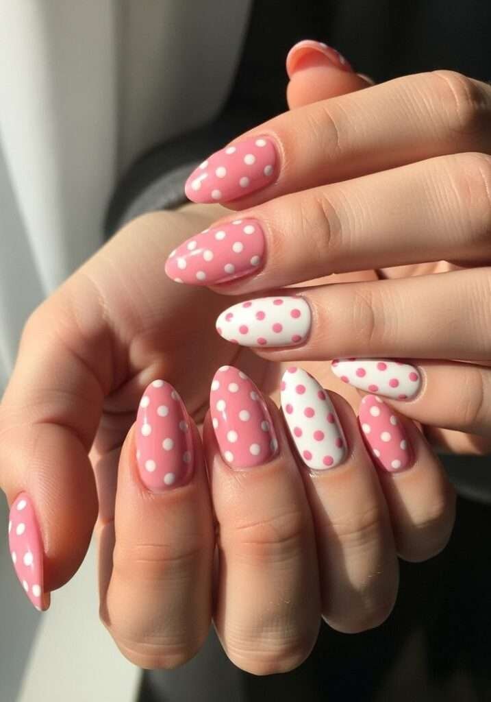 This chic, minimalist look is most commonly referred to as Cherry Polka Dot nails or Minimalist Red-on-Pink dots. In the 2026 nail scene, this specific aesthetic is also a staple of the "Clean Girl" or "Coquette-lite" trends, which emphasize simple, polished patterns on a healthy-looking natural base.