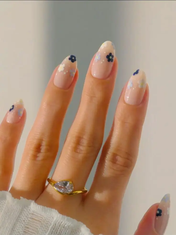 This graceful, clean look is most commonly referred to as Cherry Blossom Minimalist nails or Dainty Floral Almond nails. In the 2026 beauty scene, this specific aesthetic is also categorized under the "Rich Girl" or "Soft Girl" nail trends, which prioritize clean, polished simplicity with subtle, hand-painted details.