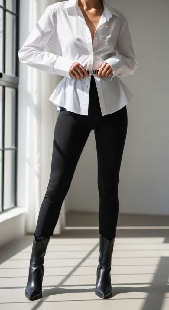 Add stirrup leggings pair with a crisp button-down