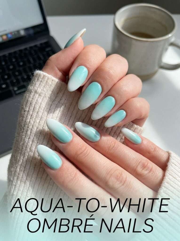 Aqua-to-white ombré nails—often called "ocean wave" or "baby boomer" blue nails—are a refreshing, serene look that mimics the gradient of tropical shorelines. This style transitions from a saturated aqua or turquoise at the base or tip into a crisp, milky white.
