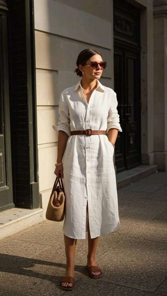 Linen shirt dresses with strong shoulders and a defined waist