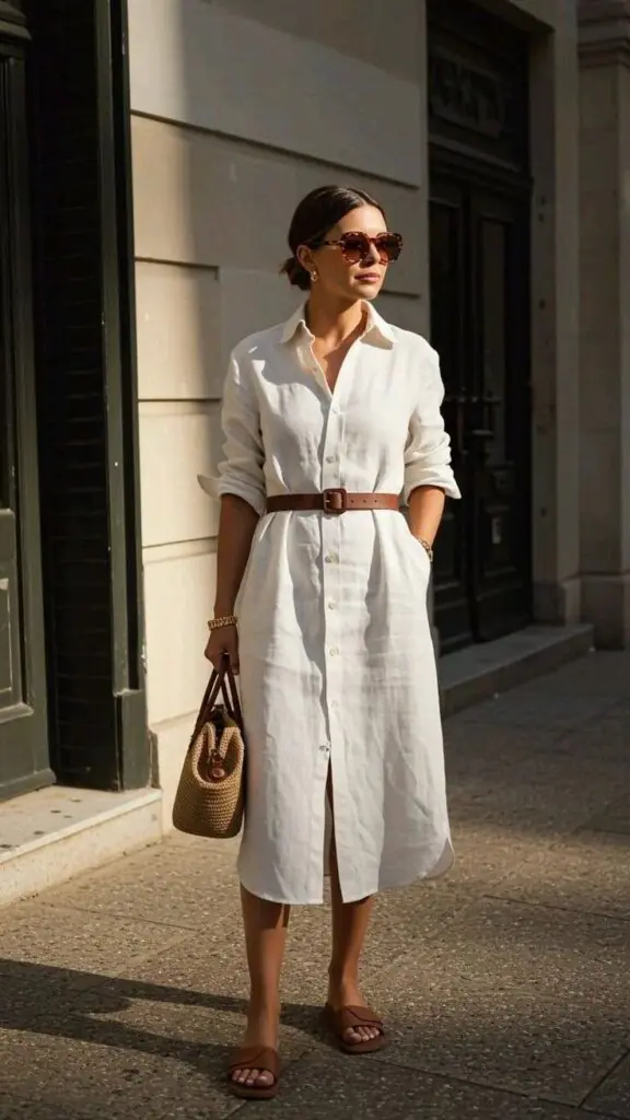 Linen shirt dresses with strong shoulders and a defined waist