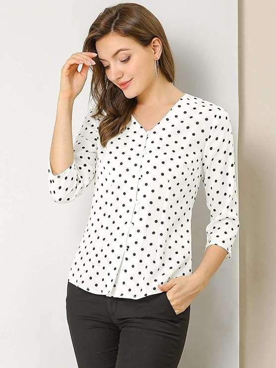 Allegra K Women's Vintage Polka Dots 3/4 Sleeve Button Front V Neck Casual Office Blouse Top