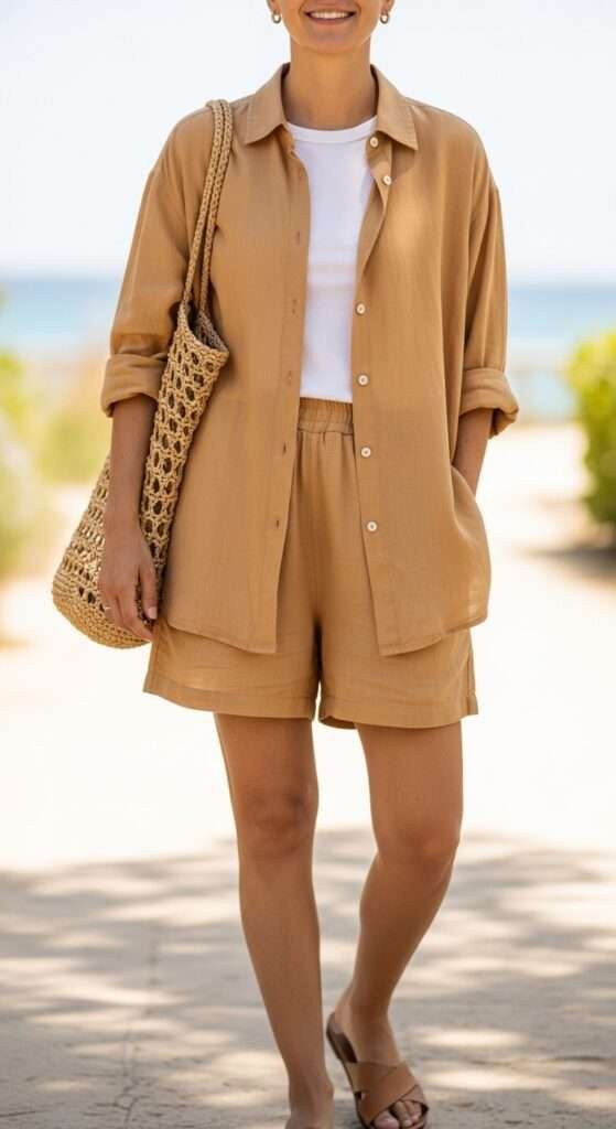 Oversized linen shirt + linen shorts in matching sand color + leather slides. Throw a woven tote over your shoulder and you're done.
