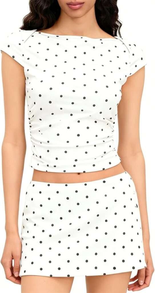 Polka Dot Two Piece Skirt Set for Women Y2k Outfits Boat Neck Baby Tee and Low Rise Mini Skirt Skort Going Out Set