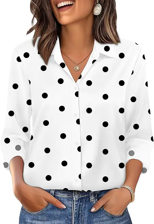 OFEEFAN Womens Button Down Shirts Long Sleeve Tops Silk Satin Blouses Business Casual Fashion Outfit
