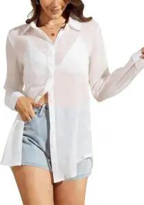 Sheer Tops for Women Sheer Button Up Blouse Long Sleeve Sexy See Through Tops Mesh Shirts