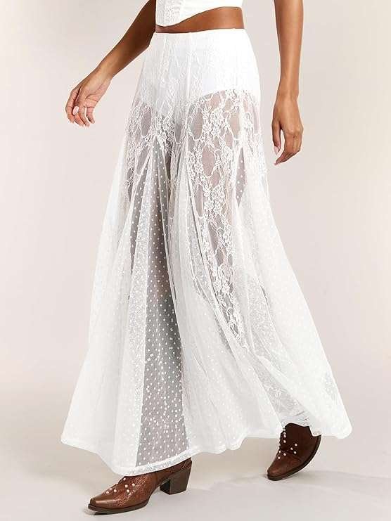 WDIRARA Women's Sexy See Through Sheer Lace Maxi Skirt Low Waist Ruffle Hem A Line Flowy Skirt