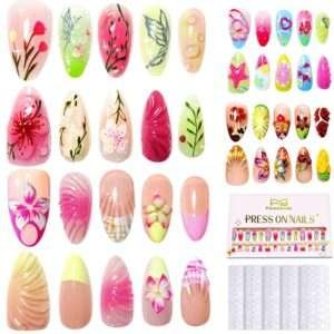 FANDAMEI Press on Nails, 4 Styles 120PCS 3D Flower Press on Nails Short Almond Fake Nails, Medium Almond 3D False Nails, Flower Butterfly Spring Summer Nails for Women