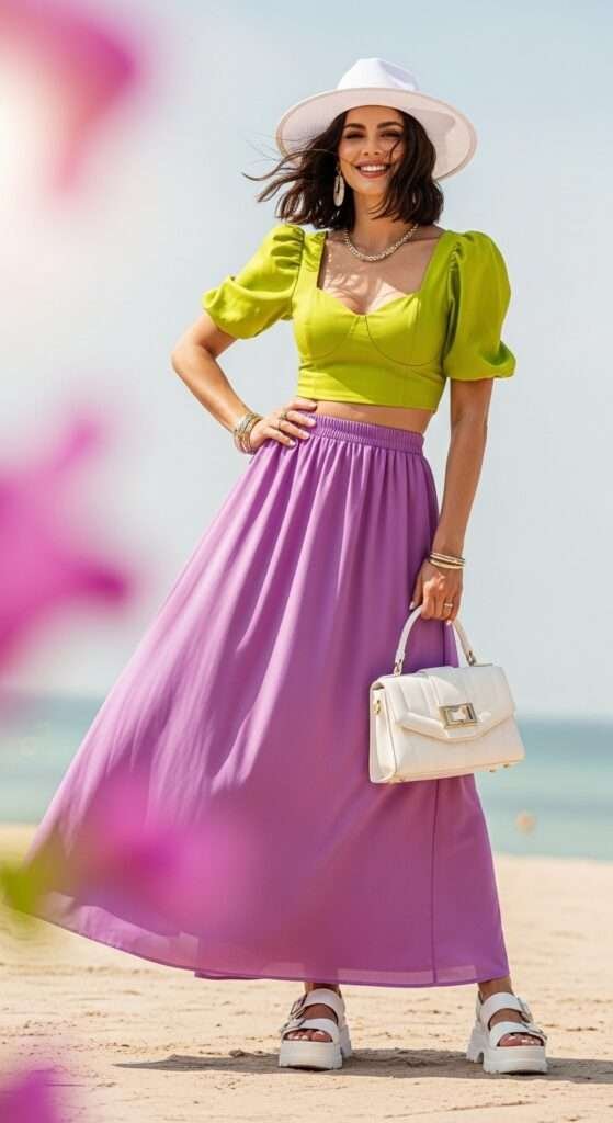 Try lilac + chartreuse + white bold outfit women summer