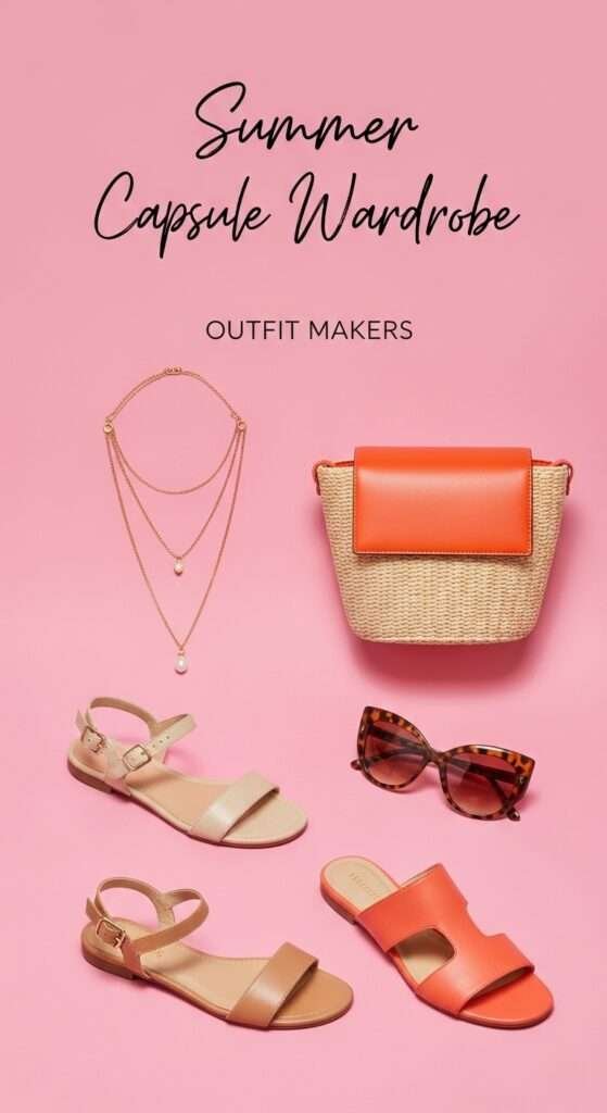 Your Outfit Makers Layered jewelry set, one statement bag, quality sandals in nude and in a bright, and sunglasses worth wearing everywhere.