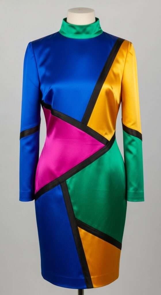 graphic silk-paneled dress in vivid contrasting hues