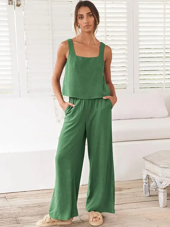 Women's 2 Piece Outfits Linen Pants Jumpsuit Matching Lounge Set Casual Summer Beach Vacation Trendy Clothes