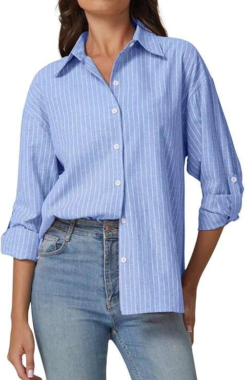 Oversized Button Down Shirts for Women Long Sleeve Striped Casual Blouse Cotton Tops