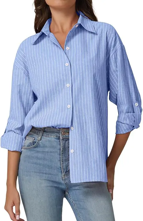 Oversized Button Down Shirts for Women Long Sleeve Striped Casual Blouse Cotton Tops