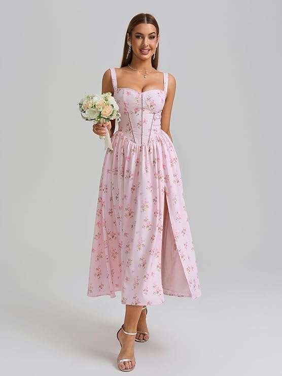Floral Corset Midi Dress Flowy Slit Summer Spring Wedding Guest Dresses for Women Sundress with Pockets