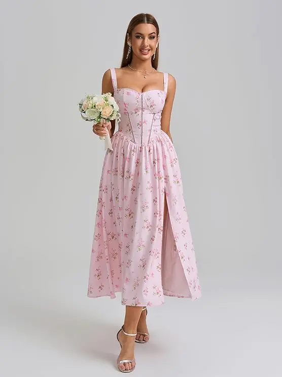 Floral Corset Midi Dress Flowy Slit Summer Spring Wedding Guest Dresses for Women Sundress with Pockets