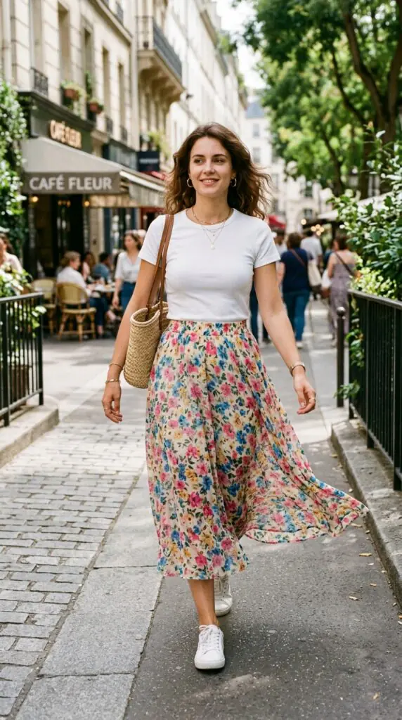 A sheer printed midi skirt is one of the most versatile summer pieces you'll own. They dress it up with a silk tank and heels, or dress it down with a basic white tee and flat sandals.