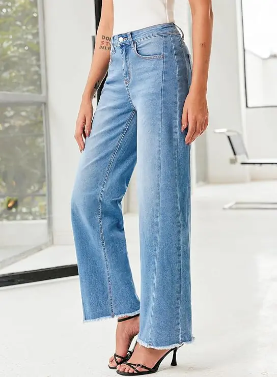 Women's Wide Leg Jeans High Waisted Stretchy Raw Hem Zimbaplatinum Denim Pants