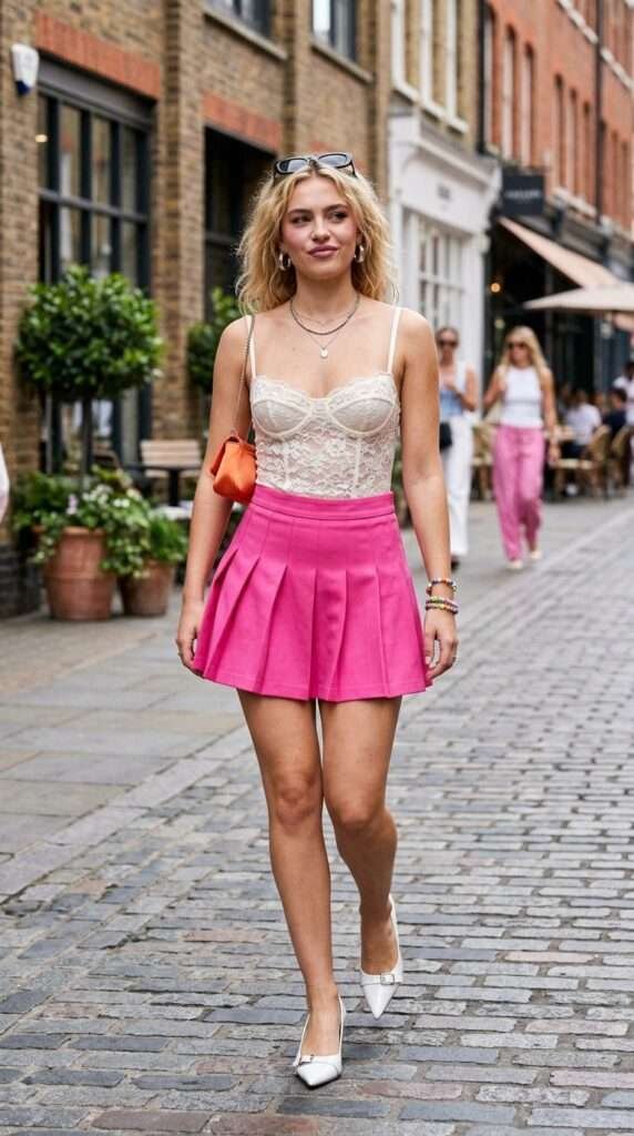 A hot pink pleated mini skirt with a delicate white or blush lace bustier top is a paradox that works perfectly in 2026. They're styling this with pointed-toe kitten heels and a tiny satin evening bag.