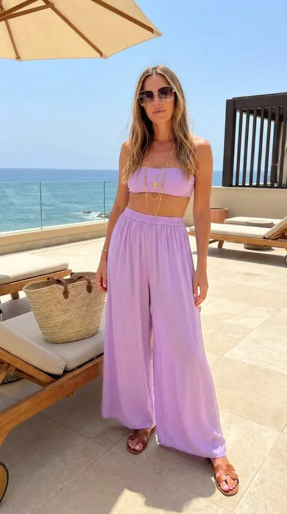 Resort wear is having its best year in 2026, and palazzo pants are leading the charge. A matching lavender palazzo and bandeau set is one of the chicest vacation outfits you can own. We love styling it with flat strappy sandals, oversized square sunglasses, and long layered necklaces. Wear it from the pool to dinner without changing — that's the ultimate summer outfit hack.