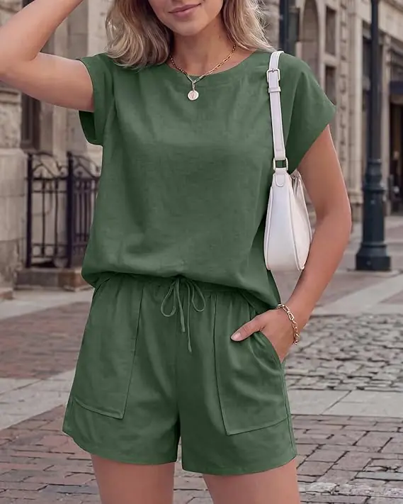 Women's 2 Piece Linen Shorts Set Summer Cap Sleeve Top High Waisted Drawstring Shorts Casual Outfits with Pockets 2026