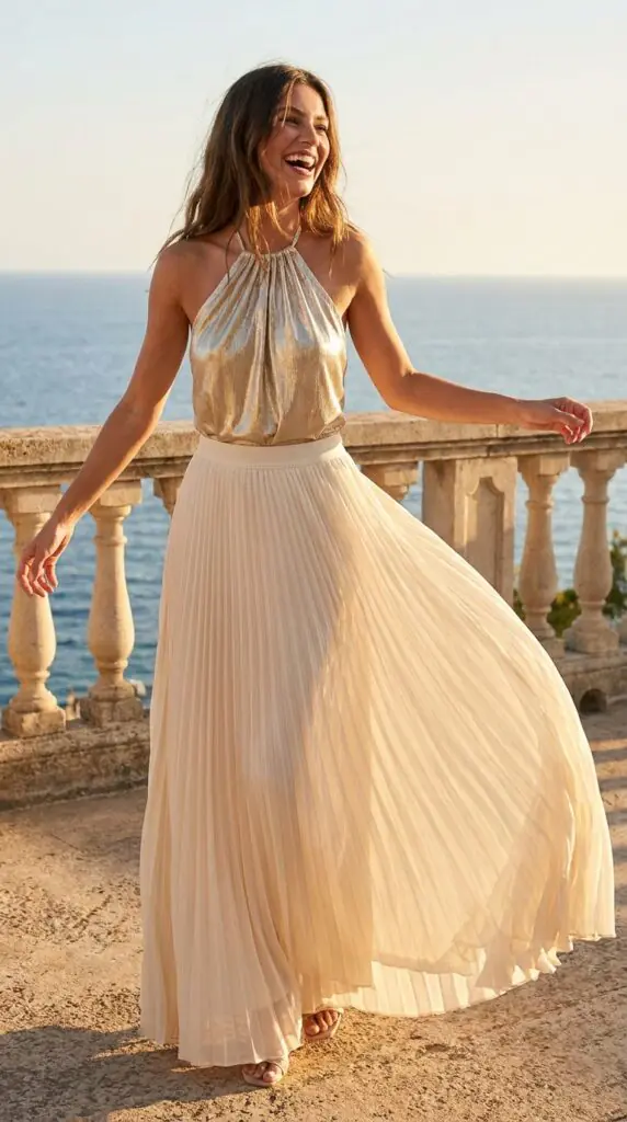 For the girls who love a little shimmer, a metallic gold halter top is this summer's biggest night-out piece. They look incredible paired with a flowy cream or ivory midi skirt, gold strappy heels, and statement earrings.