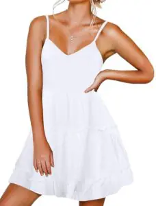 This is a cute high waisted Sleeveless babydoll dress.Its flowy and not super fitted. Spaghetti Strap summer dress with tiered skirt. Loose Fit. Above knee length casual t shirt dress with two side pockets, sexy v neckline.