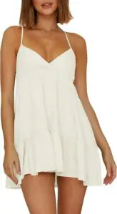 Womens V Neck Crisscross Backless Dresses Tie Back Sleeveless Ruffle Hem Flowy Swing A-Line Vintage Summer Mini Dress