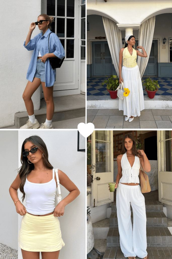 Four stunning summer outfit ideas for women in 2026 featuring a blue striped oversized shirt with denim shorts, a yellow halter top with a white flowy maxi skirt, a white crop tank with a pale yellow mini skirt, and an all-white halter crop top with wide-leg linen pants.