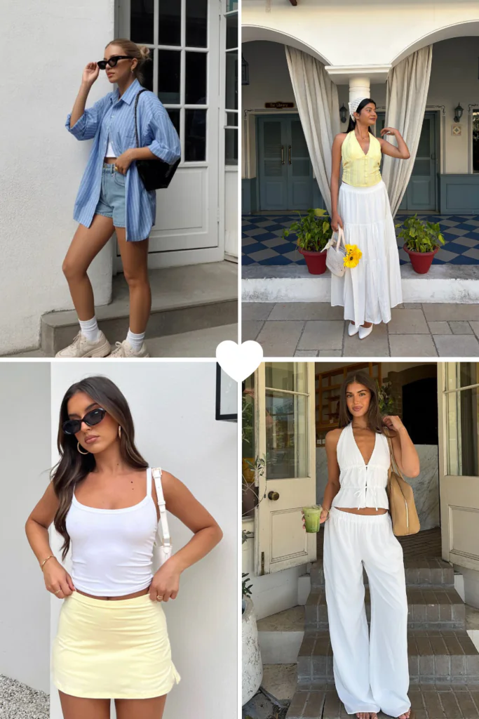 Four stunning summer outfit ideas for women in 2026 featuring a blue striped oversized shirt with denim shorts, a yellow halter top with a white flowy maxi skirt, a white crop tank with a pale yellow mini skirt, and an all-white halter crop top with wide-leg linen pants.