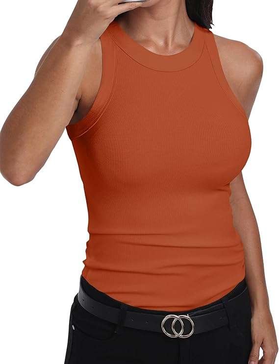 GEMBERA Womens Sleeveless Racerback High Neck Casual Basic Cotton Ribbed Fitted Tank Top