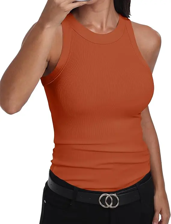 GEMBERA Womens Sleeveless Racerback High Neck Casual Basic Cotton Ribbed Fitted Tank Top