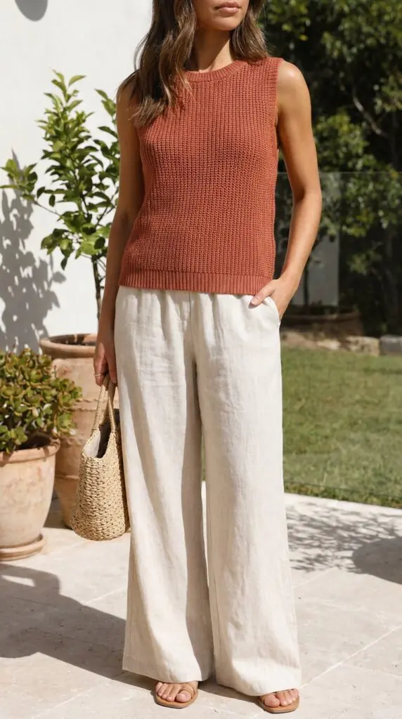 Earth tones are one of the biggest summer 2026 trends, and terracotta is the queen of them all. A fitted terracotta knit top paired with flowy wide-leg linen pants in the same warm palette looks incredibly sophisticated.