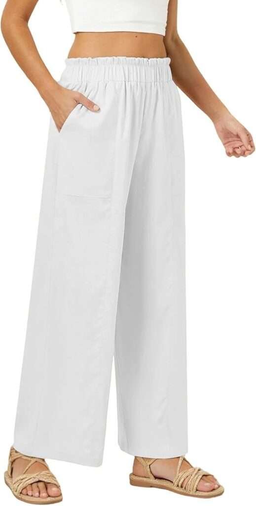 Womens Casual Linen Feel Wide Leg Pants High Waist Palazzo Flowy Trousers Beach Vacation Outfits 2026