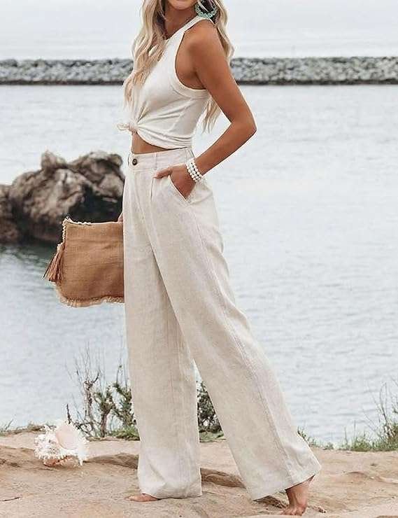 Hooever Womens Cotton Linen Pants Casual Button Up High Waisted Wide Leg Trousers