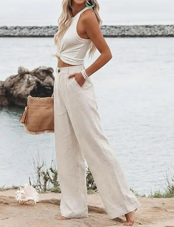 Hooever Womens Cotton Linen Pants Casual Button Up High Waisted Wide Leg Trousers