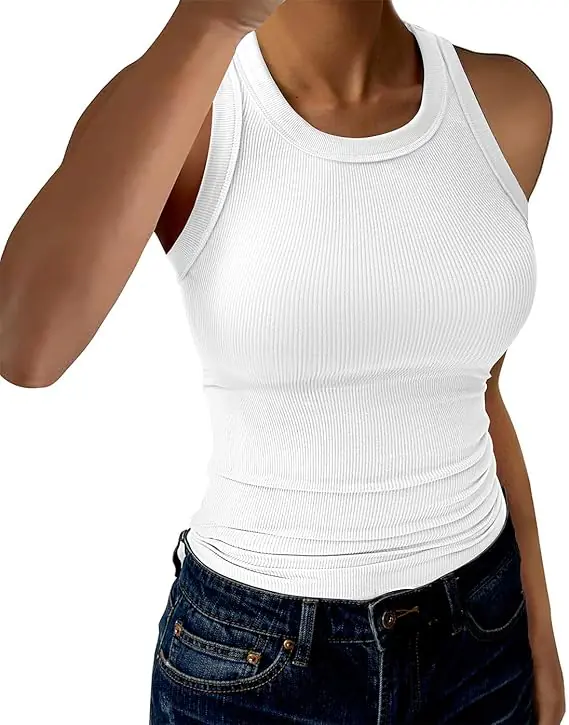 Womens Tank Tops High Neck Sleeveless Ribbed Tank Casual Basic Thick Strap Slim Fitted Racerback Shirts