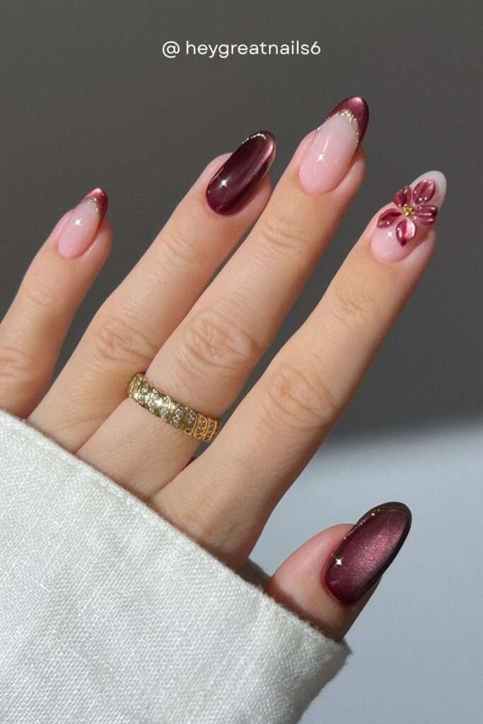 The cat eye nail trend is one of the biggest nail stories of 2026, and for fall it gets its most luxurious treatment yet. Deep burgundy and wine-toned cat eye nails have a dimensional magnetic quality that shifts between dark red and glowing crimson depending on the light.