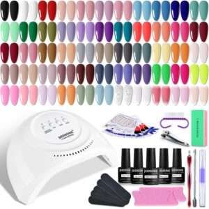 JODSONE Gel Nail Polish Kit 60 PCS with U V Light Soak off Base Top Coat 55 Shine Colors Gel Nail Kit Bright and Dark Brown Wine Red Series