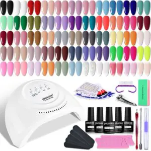 JODSONE Gel Nail Polish Kit 60 PCS with U V Light Soak off Base Top Coat 55 Shine Colors Gel Nail Kit Bright and Dark Brown Wine Red Series