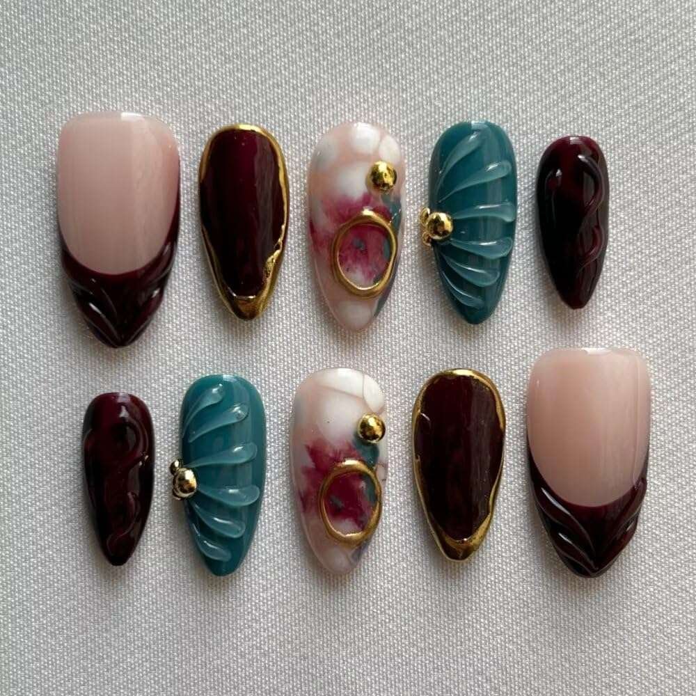 MAGLFELL Fall Press On Nails - Handmade GEL Medium Length Almond Fake Nails, Brown Rendering Painting Design, Reusable Artificial Almond False Nails 