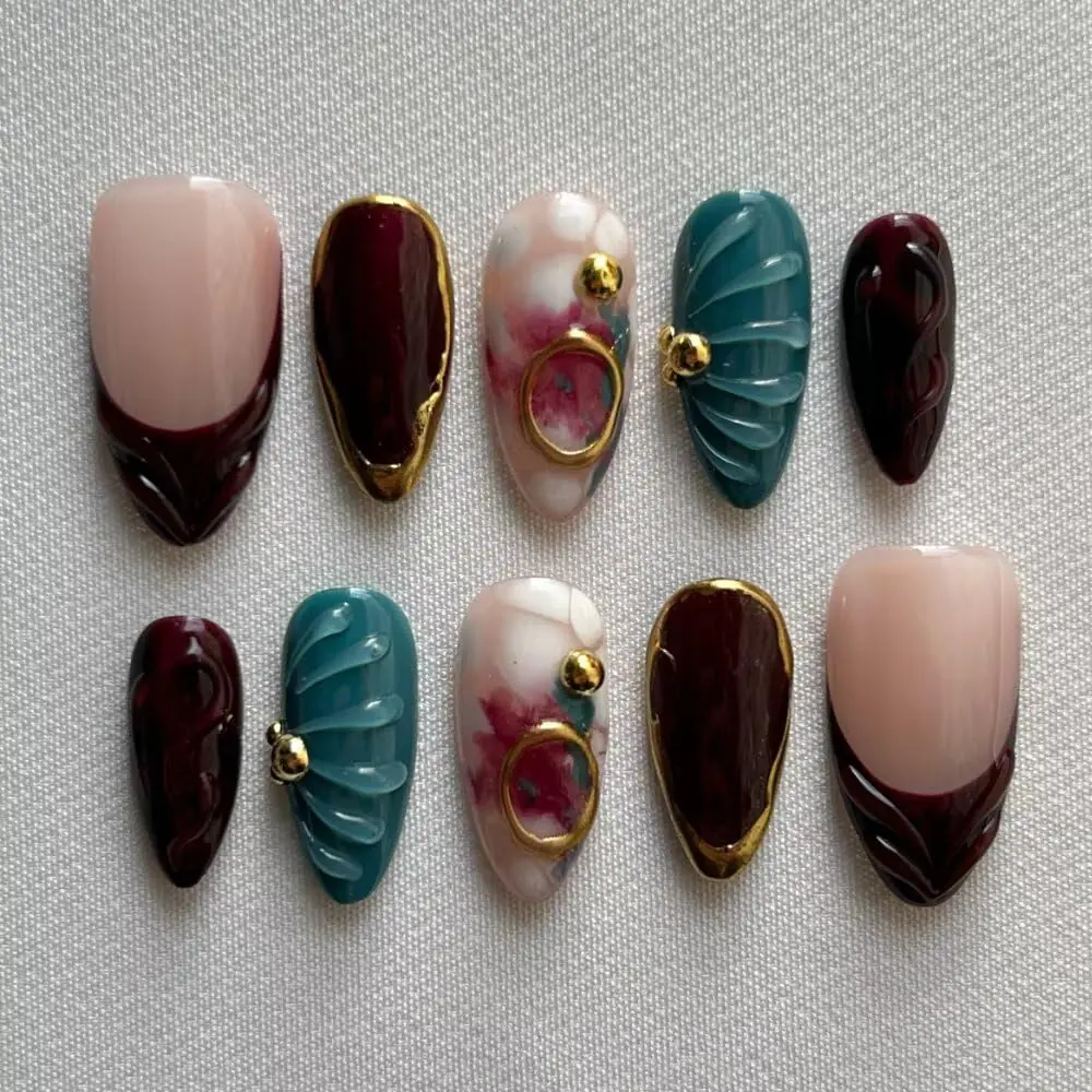 MAGLFELL Fall Press On Nails - Handmade GEL Medium Length Almond Fake Nails, Brown Rendering Painting Design, Reusable Artificial Almond False Nails
